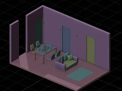 Isometric Living Dining Room With One Yellow Sofa 3D model