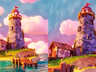 Stylized Lighthouse Scape With House 3D model