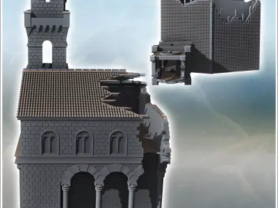Large classical tile-roofed building with stone walls clock towe 3D print model purchase