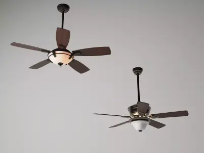 Vintage Dark Wood 5-Blade Ceiling Fan Set 3D model