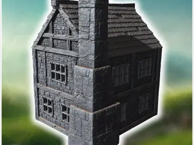 Two-story medieval house with wooden beams stone walls and a lar 3D print model