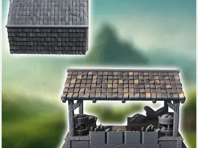 Rustic market stall with baskets barrels and a tiled roof displa 3D print model