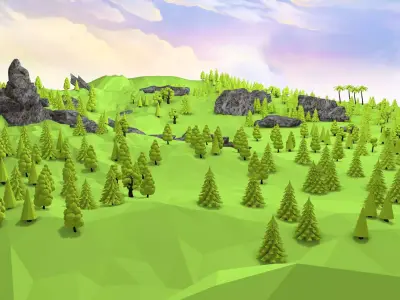 Landscape LowPoly 3D Model with trees and rocks Low-poly 3D model