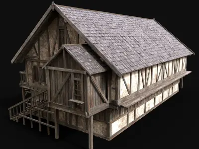 MEDIEVAL ENTERABLE LONG HOUSE HUT FARM COTTAGE WOODEN CABIN AAA Low-poly 3D model