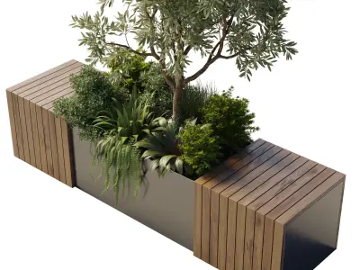Urban Environment Urban Furniture Green Benches Plants and Tree 3D model