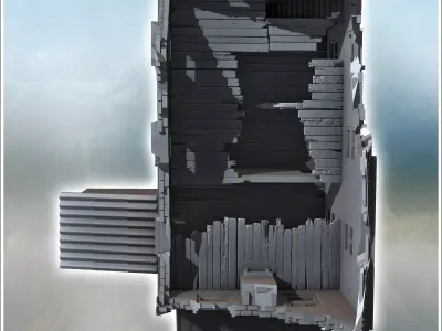 Brick building with two annexes and mansard roof ruined version  3D print model