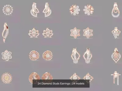 24 Diamond Studs Earrings 3D Model Pack