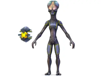 Low Poly Armored Skinny Grey Alien UFO Low-poly 3D model