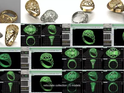 reticulate collection ring in gold and silver 3D Model Pack