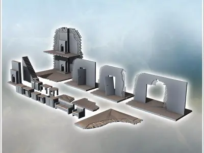 Set of accessories for urban ruins with interior furniture and w 3D print model