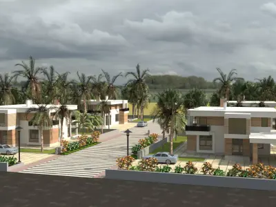 Low poly Modern Tropical Housing Development Scene Low-poly 3D model