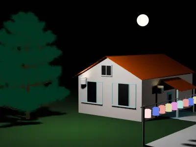  Night Village House 3D Model with Lanterns Tree Moonlight Low-poly 3D model