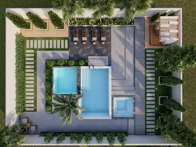 Modern Villa Courtyard with Pools Jacuzzi Pergola Low-poly 3D model