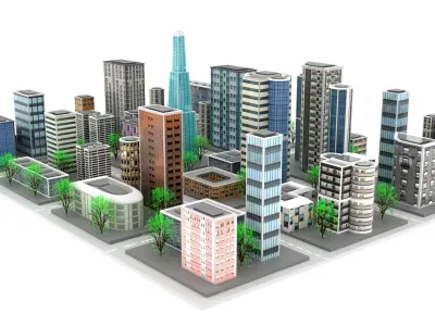 Low Poly City with buildings and trees Low-poly 3D model purchase