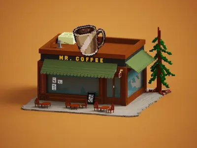 Voxel Coffee Shop  Low-poly 3D model