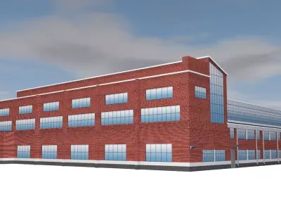 Factory brick building on cloudy day Low-poly 3D model