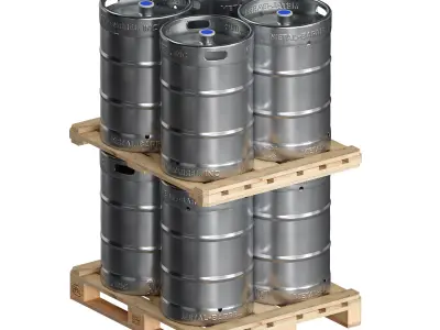 Metal kegs iron barrels on wooden pallets 3D model