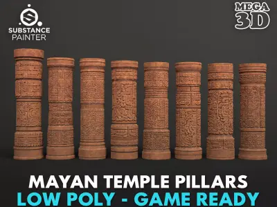 Low poly Yellow Mayan Temple Pillars 230812 Low-poly 3D model