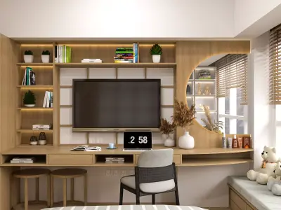 Japandi Studio Apartment - Kitchen - Bedroom - Bathroom Low-poly 3D model