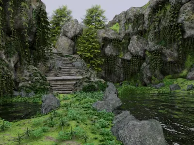 Scene rock garden with trees and rocks 3D model