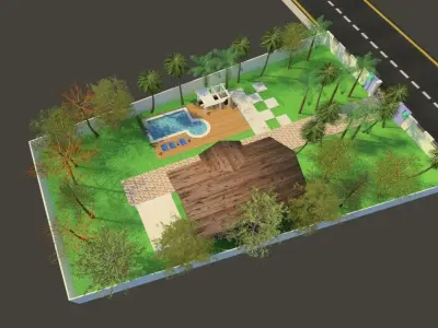Land Layout with swimming pool and wood house 3D model