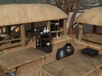 Stylized Korean Traditional House and Village Props 3D model