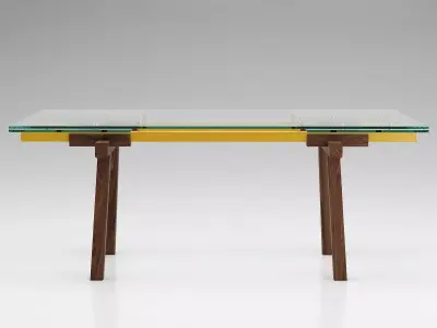 Tracks table with glass top and wooden legs 3D model