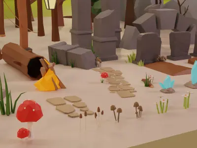 LowPoly Nature - Trees Grass and Rocks Low-poly 3D model