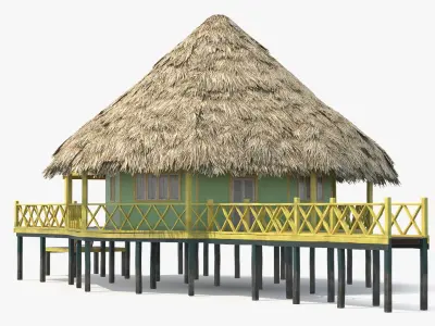  Seaside Hut with Palm Leaf Roof and Elevated Deck Yellow Railings 