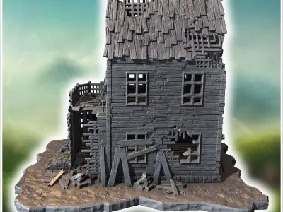 Ruined wooden building with a damaged upper floor broken porch a 3D print model