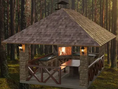 Detailed gazebo with fireplace and lighting 3D model