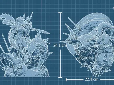 Barbarian statue of woman and wolf 3D print model