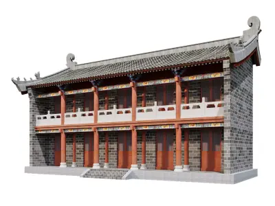 Japan Two-Storey Hall - Grey-Brick Historic Pavilion 3D model