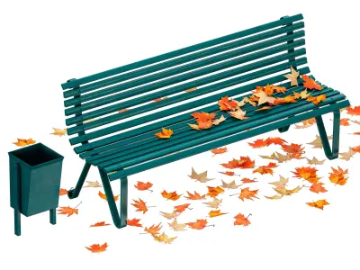 Park bench and autumn maple leaves 3D model