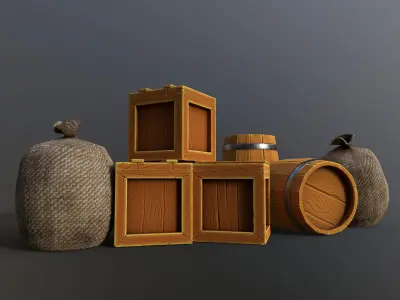 Lowpoly stylized container game asset with barrel box and sack Low-poly 3D model