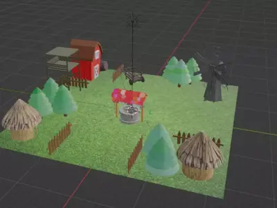 Low poly 3D model of a village Low-poly 3D model