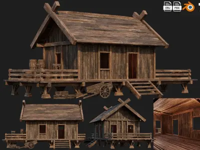 4 Old Building House Pack 4K Texture GameReady 69 to 72 Low-poly 3D model