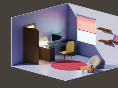 low poly 3D room model with desk and chair Low-poly 3D model