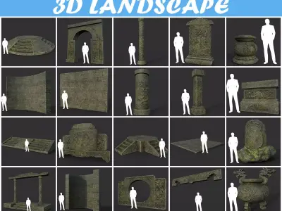 Low poly Ancient Dragon Temple Element Pack - Mossy Low-poly 3D model