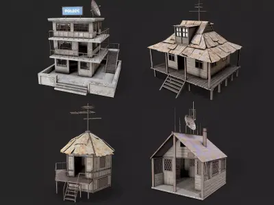 Post Apo Building House Shelter Police Station Collection Low-poly 3D model
