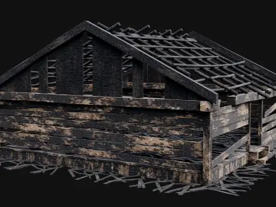 BURNED WOODEN HOUSES RUIN DESTROYED COTTAGE OLD COLLECTION Low-poly 3D model