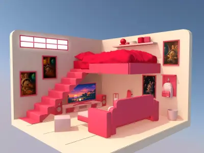 Stylized Loft Bedroom Animated Scene Low-poly 3D model