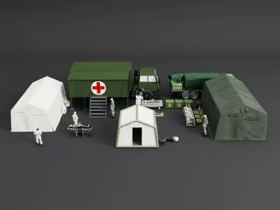 Army Medic Camp Tent Red Cross Truck Medical Props Pack Low-poly 3D model