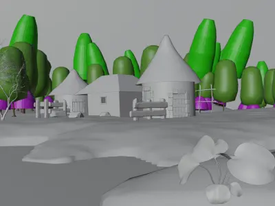 Realistic Nature Scene with Huts 3D model