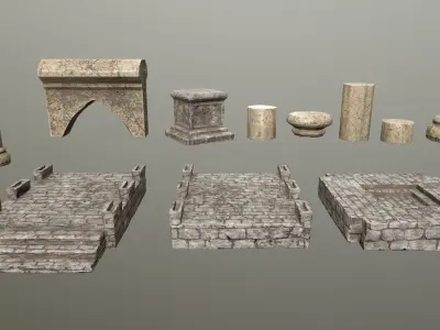 Altar Set stone wall Low-poly 3D model