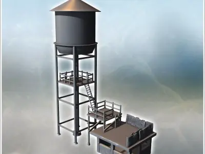 Tall water tower with adjacent platforms and access ladders surr 3D print model