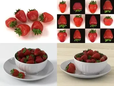 Strawberries on cutting board with knife and fork 3D model