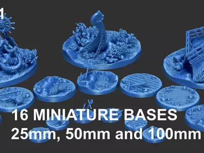 PACK 1 - 16 MINIATURE BASES  25mm 50mm and 100mm 3D Print Ready 3D print model