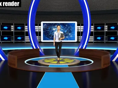 Virtual set tv studio with lights and woman 3D model