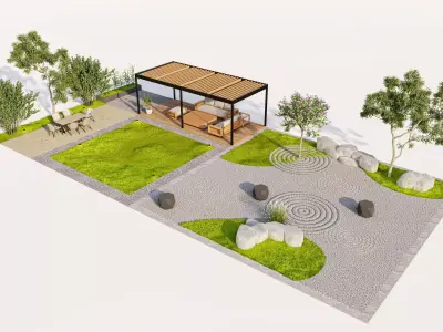 Modern Courtyard Design with Pergola and Zen Garden Low-poly 3D model